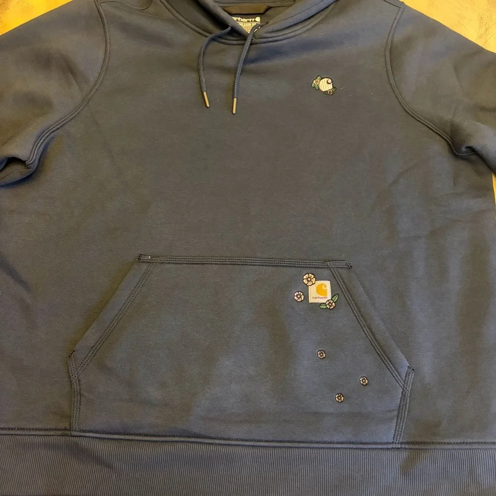 Womens Carhartt Flower Embroidered XXL Relaxed Blue Hoodie Sweatshirt Pullover - Picture 2 of 7